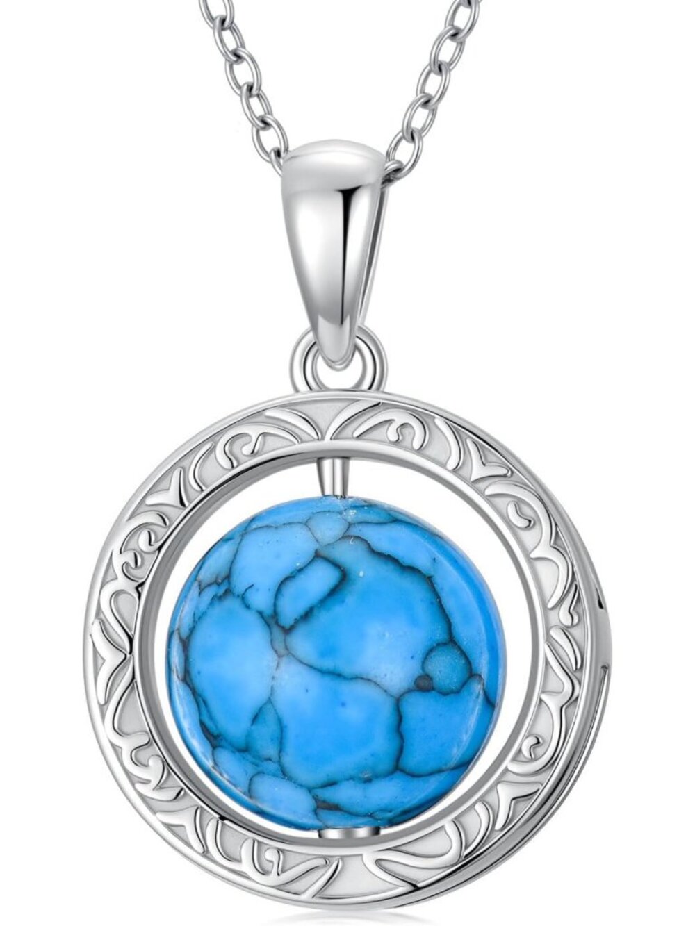 Vintage 925 Sterling Silver Turquoise Bead Necklace, Engraved Pendant Jewelry